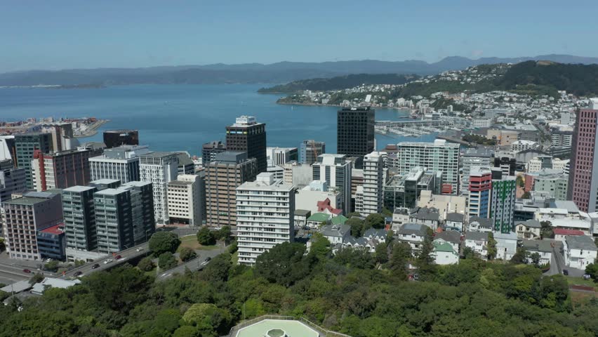 Wellington city, New Zealand. Aerial decent shot, 4k
