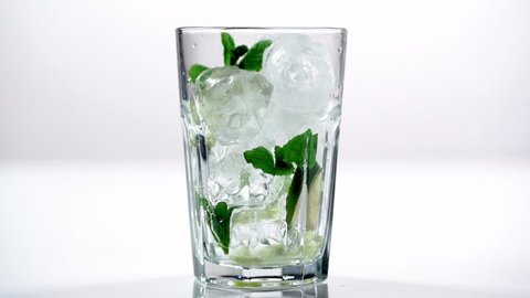 studio shoot of clear water pouring in glass with green mint leaves, lime slices and ice cubes on white background
