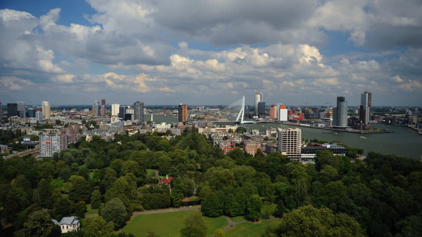 Panoramic Time Lapse of Rotterdam Skyline Het Park and Corporate Skyscrapers Day