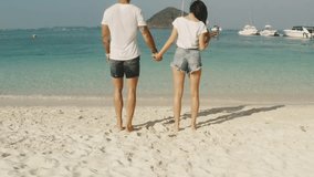 Aerial type clip. Happy young couple having fun on a tropical beach