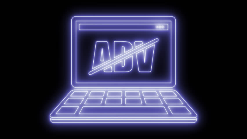 Advertising block concept. Animated symbol icon 4K. Neon effect, linear and alpha channel.