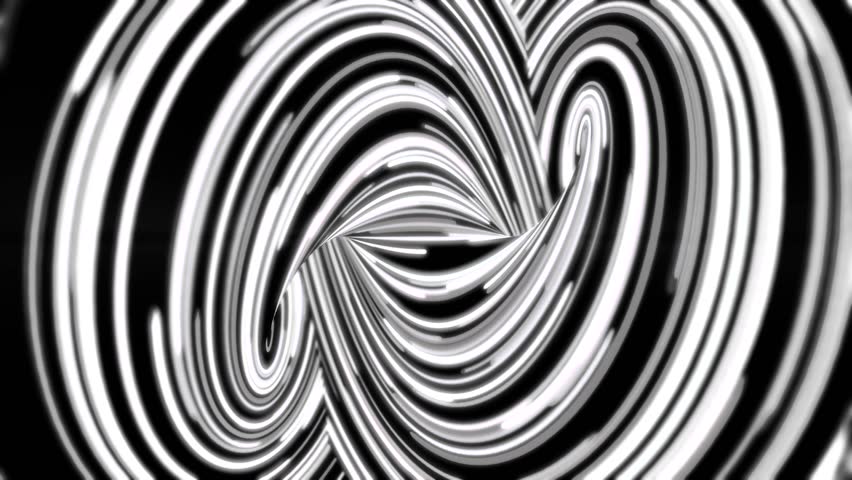 Abstract background with infinity sign formed by many narrow, blak and white lines, seamless loop. Curved, neon stripes moving endlessly monochrome.