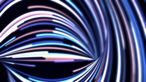 Abstract background animation of flowing blue, purple, white lines on black background. Beautiful abstract movement of narrow, neon lines, seamless loop.