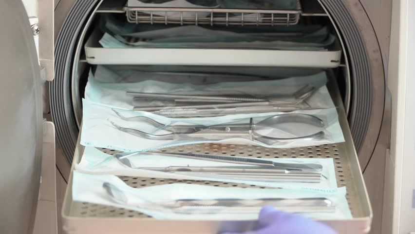 the doctor will put dental instruments for sterilization in a steam autoclave. Sterilization of medical instruments in autoclave. Royalty-Free Stock Footage #1025564741