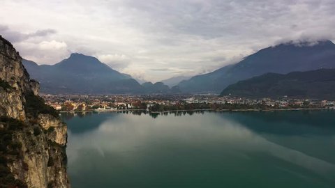 Arial Panorama of the gorgeous Garda lake surrounded by mountains in the in the autumn,View of the beautiful Riva del Garda town and Garda lake