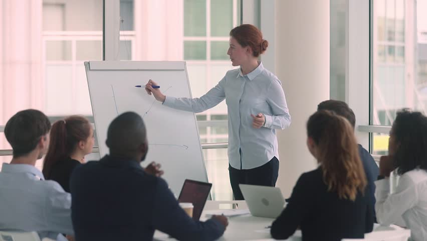 Woman manager coach mentor giving whiteboard presentation at business meeting training, teacher leader consulting diverse people employees group at workshop explain graph to office team in boardroom Royalty-Free Stock Footage #1025577077
