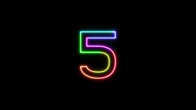 Number 5 - outline neon glowing in 7 rainbow colors on transparent background for intros, logo. Seamless loop. Fun animated font. 7 colors neon symbol. 4k video. Alpha channel