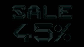 Sale 45% - blue glowing neon promo text as circuit board style on transparent background. Discount 45% animation text. Sale campaign promo. 4k video. Alpha channel