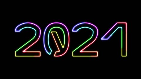 2021 - seven glowing colors neon text, moving lights, on transparent background. Rainbow colors neon. 4k video. Alpha channel