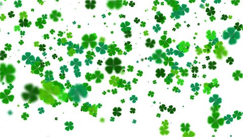 Saint Patrick's Day background. 3d rendering abstract falling clover leaves made of hearts over white green background.