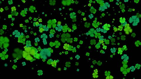 Saint Patrick's Day background. 3d rendering abstract falling clover leaves made of hearts over black green background.