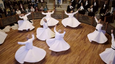 Konya, Turkey - October 20, 2018: Semazen or Whirling Dervishes at Mevlana Culture Center in Konya, Turkey.