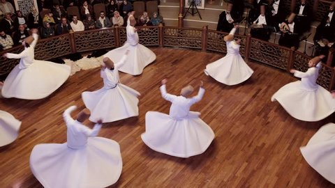 Konya, Turkey - October 20, 2018: Semazen or Whirling Dervishes at Mevlana Culture Center in Konya, Turkey.