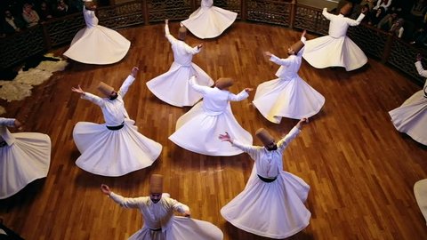 Konya, Turkey - October 20, 2018: Semazen or Whirling Dervishes at Mevlana Culture Center in Konya, Turkey. Slow motion video