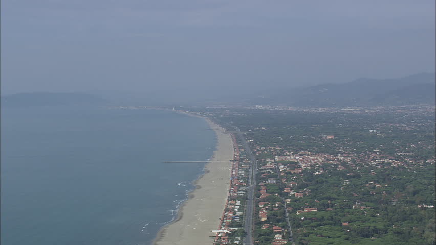 AERIAL Italy-Marina Di Massa 2007: Wide of Forte dei Marmi with pier from Viareggio