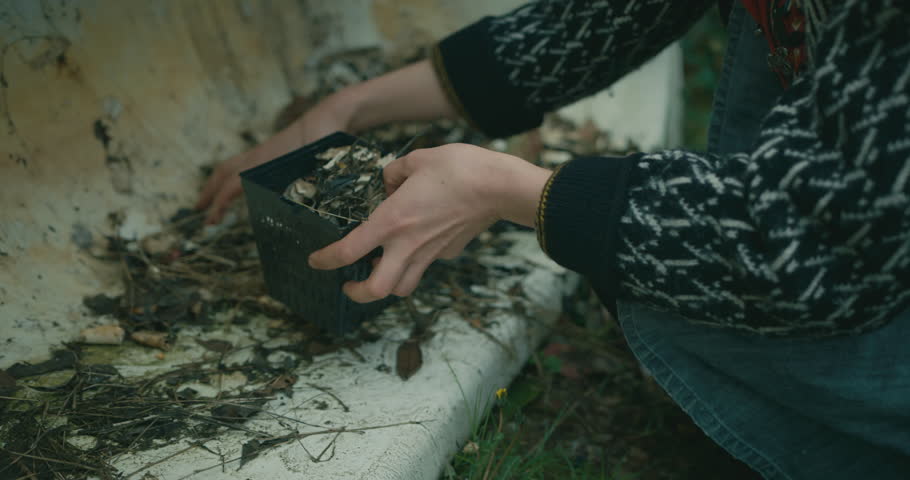 A young woman is preparing an old bathtub to be used as a planter in her garden