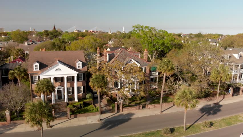 Skyline of Charleston at sunset, aerial view of South Carolina.