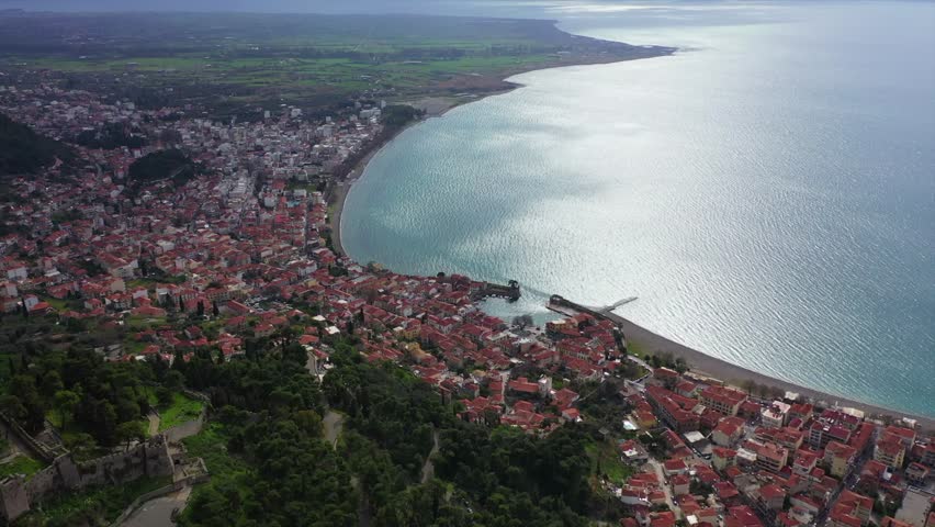 Aerial drone video of iconic Venetian port and castle of Nafpaktos famous from battle of Lepanto a historic event of great importance, Aitoloakarnania, Greece