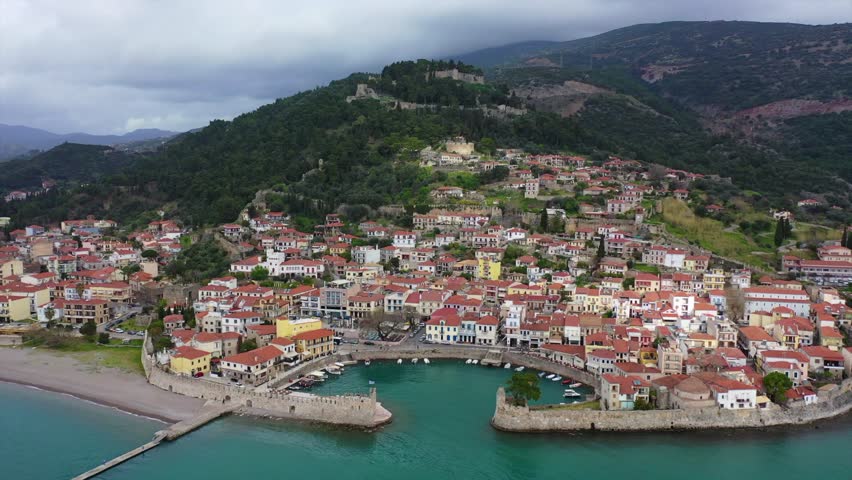 Aerial drone video of iconic Venetian port and castle of Nafpaktos famous from battle of Lepanto a historic event of great importance, Aitoloakarnania, Greece