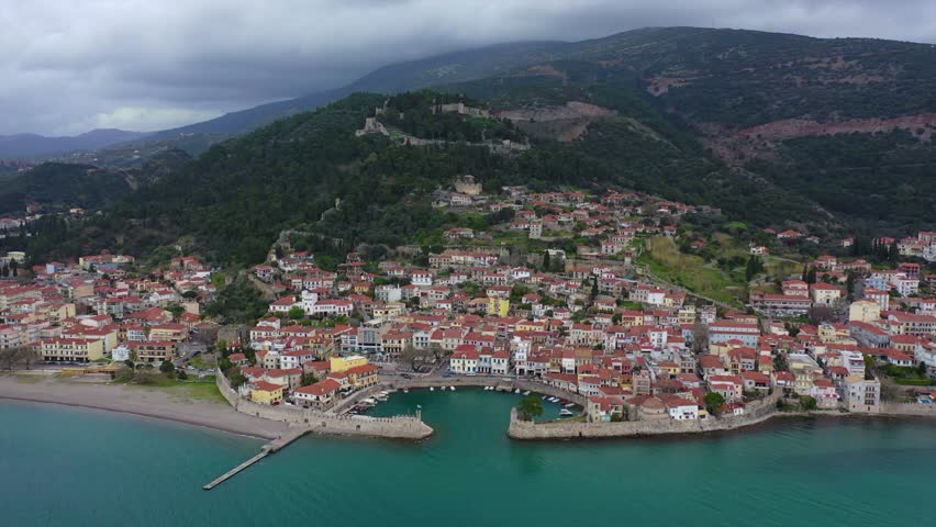 Aerial drone video of iconic Venetian port and castle of Nafpaktos famous from battle of Lepanto a historic event of great importance, Aitoloakarnania, Greece