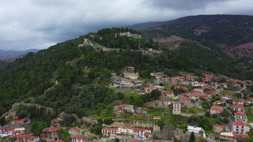 Aerial drone video of iconic Venetian port and castle of Nafpaktos famous from battle of Lepanto a historic event of great importance, Aitoloakarnania, Greece