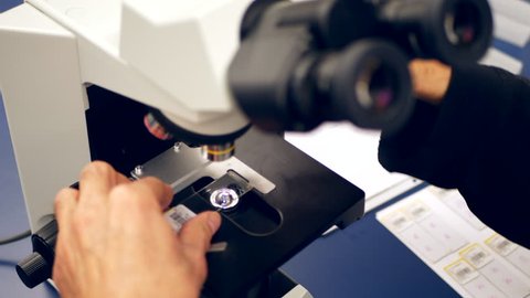 A scientist preparing a slide of cancer cells from a medical biopsy with a microscope in a medical research science lab.