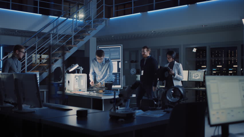 Team of Electronics Development Engineers Standing at the Desk with 3D Printer and PCB Motherboards. Specialists Working on Ultra Modern Industrial Design, Using Advanced Technology. Slow Motion.  | Shutterstock HD Video #1025609639