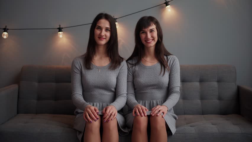 Hakuun portrait attractive identical twin sisters sitting liittyvää arkisto...