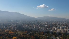 Sofia, Bulgaria.  Aerial drone shot with a beautiful view from South Park to Vitosha Mountain.