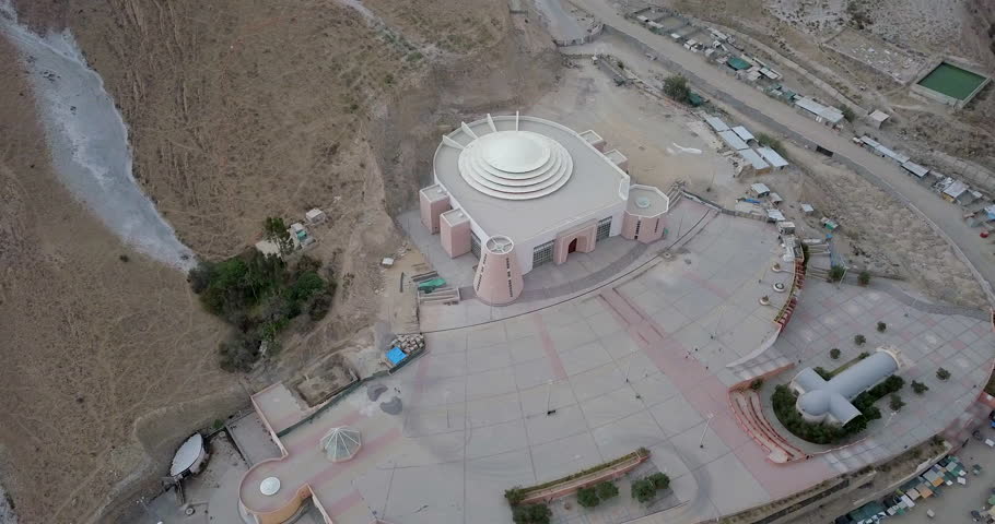 Aerial view of Virgin of Chapi Sanctuary near the city of Arequipa, Peru. Build between hills of dry land and desert.