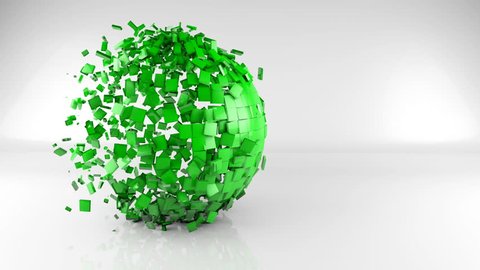 Sphere green abstract 4k animation motion graphics, video geometric 3d background with copyspace, color sphere made of low poly pieces transformation in light studio