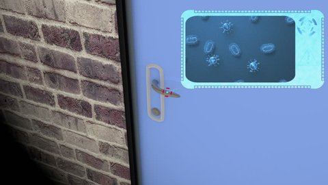 
Microworld (zoom in view of pathogenic microorganisms and viruses) on the door handle. Safety and hygiene concept.