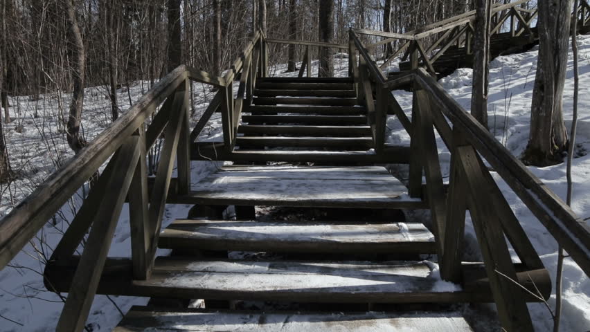 Walking down up on wooden stairs in forest park at winter, pov view
