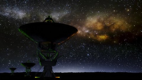 Radio Telescope Time Lapse with Milky Way at Sunrise - 3D Animation.