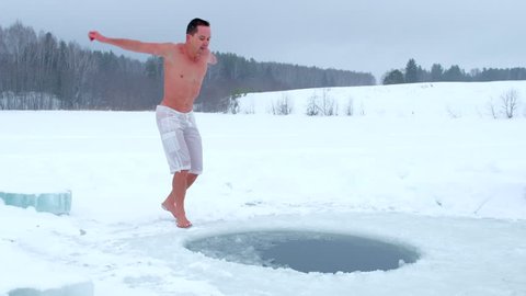 Set of three clips of the young man jumping into the ice hole. Three different angles of one action
