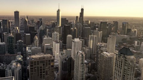 Aerial Time Lapse of the Chicago Skyline at Sunset in 4K (zoom in)