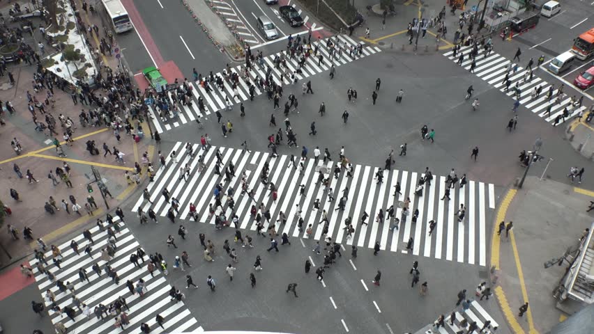 SHIBUYA,  TOKYO,  JAPAN - CIRCA MARCH 2019 : Aerial view around SHIBUYA scramble crossing.  Busy crowded area in Tokyo.  Wide view slow motion shot. Royalty-Free Stock Footage #1025659034