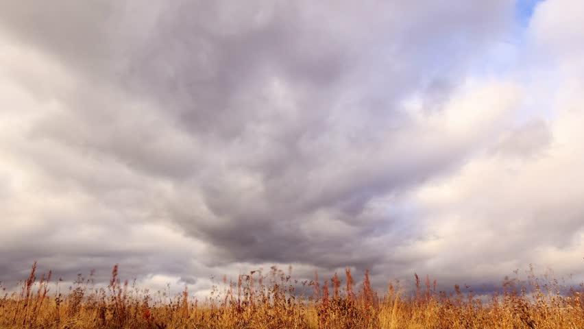 Glitch effect. Clouds over dry grass. Time Lapse