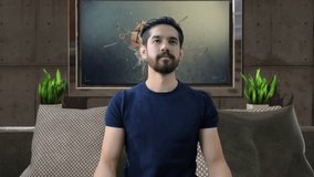 Bearded man uses VR-headset display for virtual reality game while entering an immersive holographic experience with infographics in UHD 4K. Concept of virtual hologram, simulation, gaming. - Powered by Shutterstock - Get 15% off with code: PIKWIZARD15