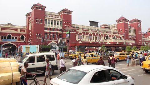 Kolkata, India - Circa March 2019. Road traffic at the streets of Kolkata near the Howrah railway station.