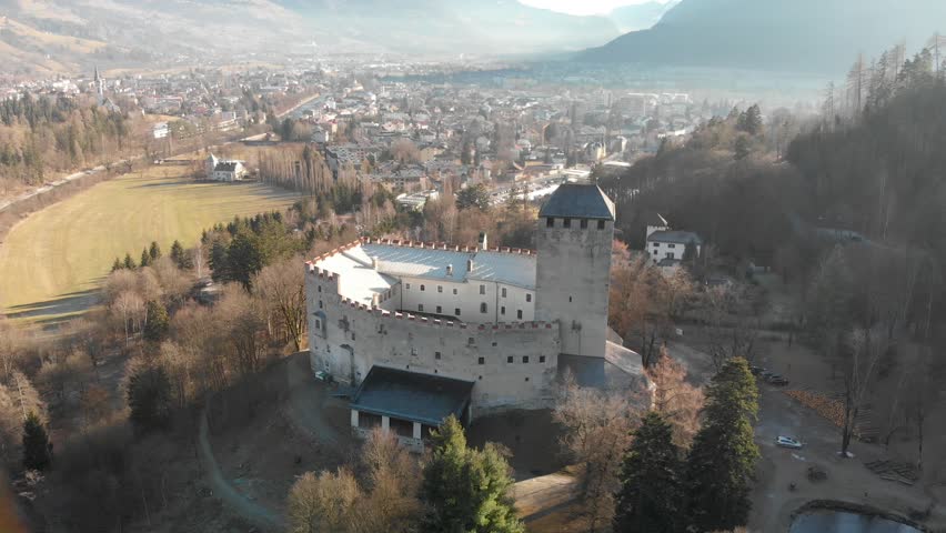 Lienz Castle aerial view in winter, Austria.