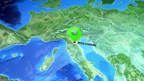 Bologna, Italy on the Europe map. 3d map render, motion through clouds, satellite view from top. Animated pin marked location of Bologna city on the geographic map. Travel intro - destination Italy.