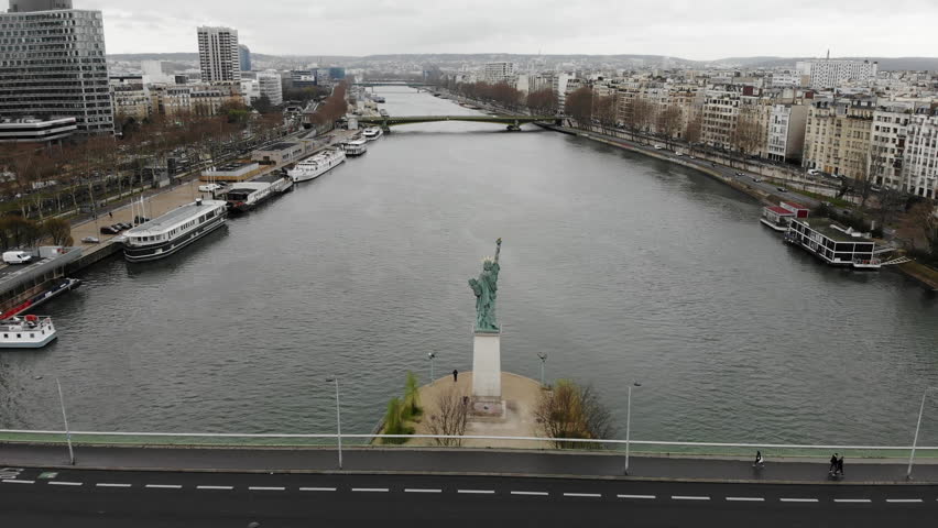 Eifel tower and Statue of Liberty view on the river Seine in Paris from copter