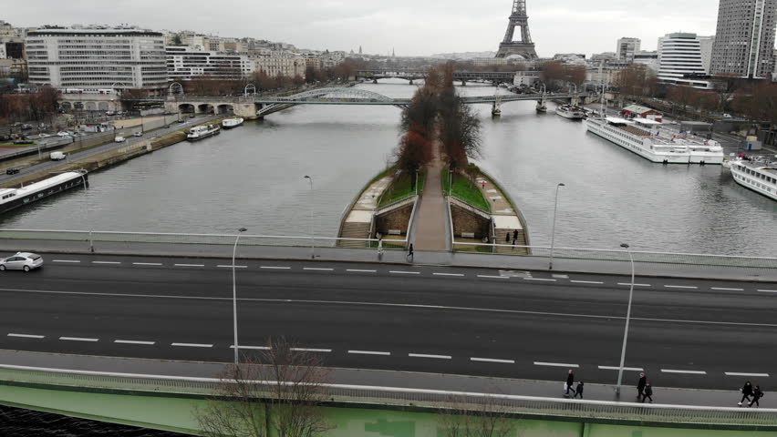 Eifel tower and Statue of Liberty view on the river Seine in Paris from copter
