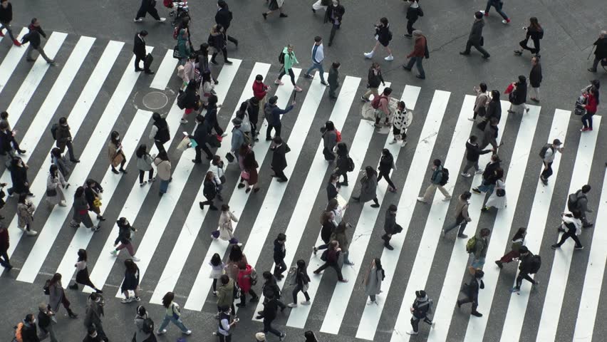 SHIBUYA,  TOKYO,  JAPAN - CIRCA MARCH 2019 : Aerial view around SHIBUYA scramble crossing.  Close up shot of pedestrians crossing.  Slow motion shot. | Shutterstock HD Video #1025676485