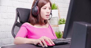 Profile of Young Asian Pro Gamer Girl Playing in Online Video Game