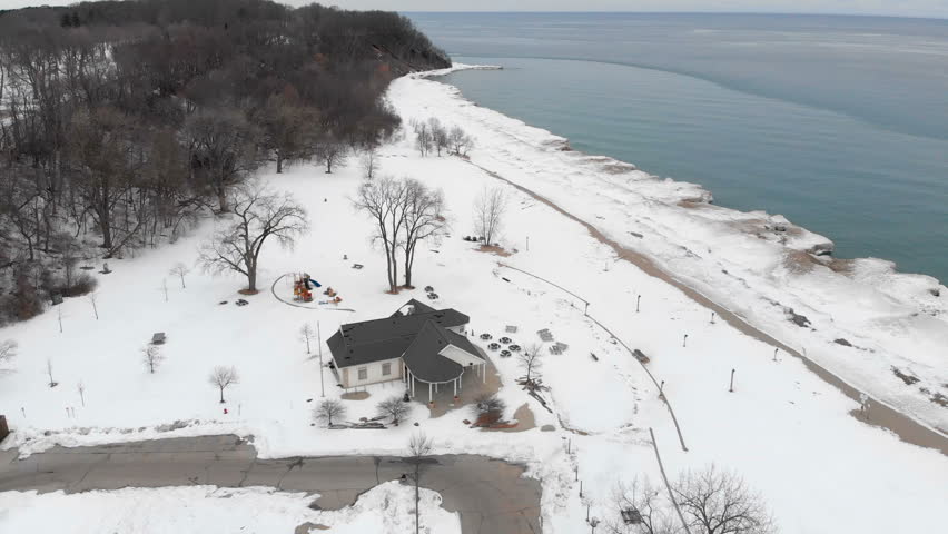 Michigan lake in Winter. Water, cold weather, bird