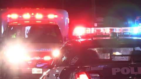 Toronto, Ontario, Canada March 2019 Flashing lights on emergency vehicles of police fire and ambulance services