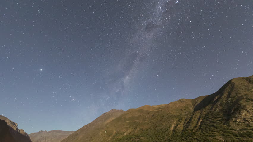 Andes mountains nightscape - The Milky Way galactic core, Jupiter, Saturn and Mars rising over Andes valleys while the moon light sets. An amazing night sky scenic on a natural environment