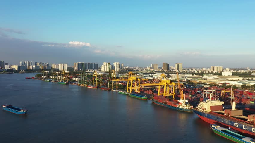 Top view of the Saigon Port. Saigon Port is a network of ports in Ho Chi Minh City. It has become the 24th busiest container port in the world.
